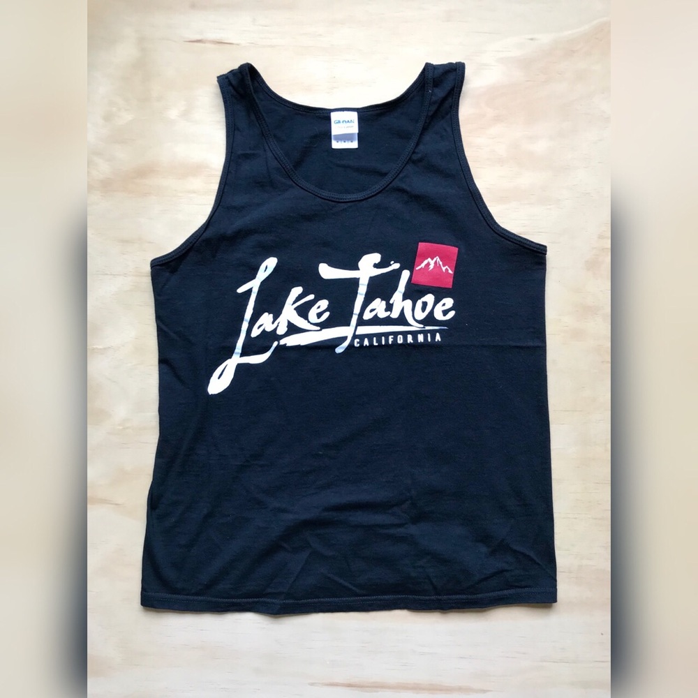 Black tank top with Lake Tahoe print for men